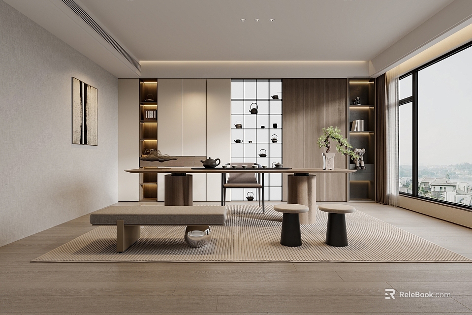 Modern Tea Room Interior With Long Table Bench Stools Plant Bookshelves And Window View 3d model 
