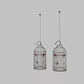 Four Birdcage Shaped Chandeliers With Red Accents For Decorative Lighting
