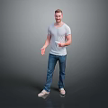 Man in Gray T-Shirt and Blue Jeans Holding White Cup Standing Against Simple Gray Background