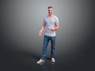 Man in Gray T-Shirt and Blue Jeans Holding White Cup Standing Against Simple Gray Background 3d model