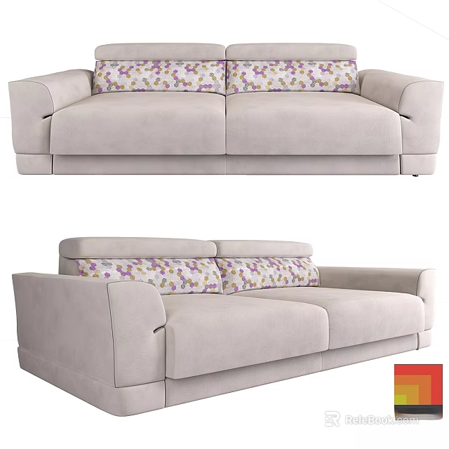 Light Beige Two Seater Sofa With Floral Patterned Cushions Modern Design 3d model