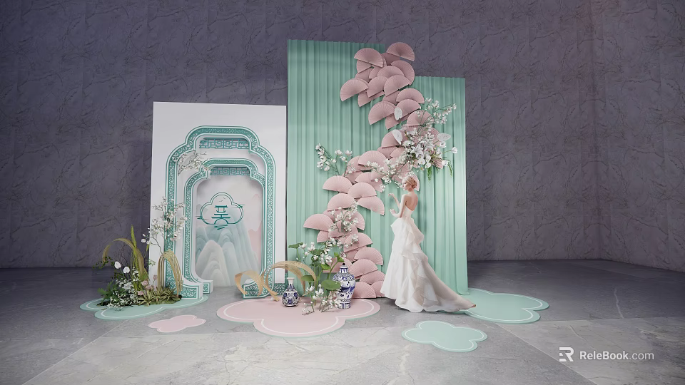 Elegant Photo Spot With Bride In White Wedding Dress Green Curtain Pink Butterfly Decorations 3d model 