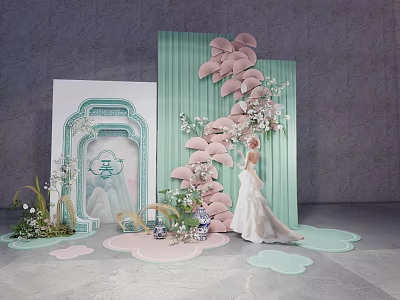 Elegant Photo Spot With Bride In White Wedding Dress Green Curtain Pink Butterfly Decorations 3d model