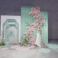 Elegant Photo Spot With Bride In White Wedding Dress Green Curtain Pink Butterfly Decorations