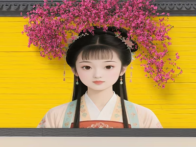 Scenic Wall With Yellow Background Decorated By Pink Flowers And Traditional Lady 3d model
