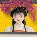 Scenic Wall With Yellow Background Decorated By Pink Flowers And Traditional Lady