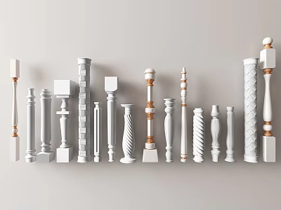Collection Of White Railing Spindles With Gold Accents And Various Designs 3d model