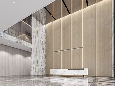 Modern Hotel Lobby Interior Design With Marble Walls Wooden Panels And Reception Desk 3d model