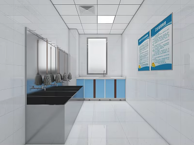 Public Restroom Interior With White Tiles Stainless Steel Sinks Mirrors And Blue Posters 3d model