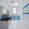 Public Restroom Interior With White Tiles Stainless Steel Sinks Mirrors And Blue Posters