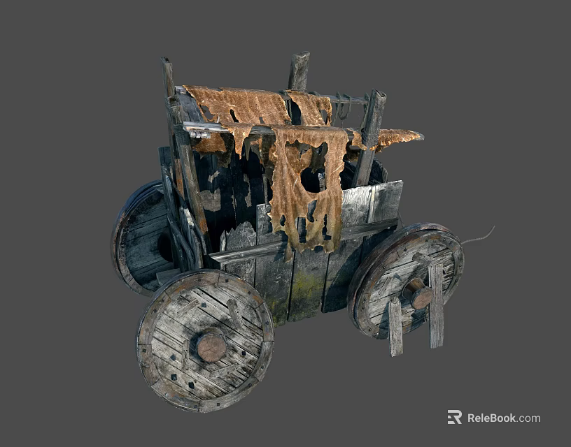 Vintage Wooden Wagon With Tattered Cloth Roof And Large Worn Wheels 3d model 