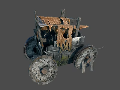 Vintage Wooden Wagon With Tattered Cloth Roof And Large Worn Wheels 3d model