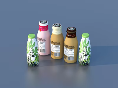 Various Colored Daily Necessity Bottles With Plant Patterns And Different Labels 3d model
