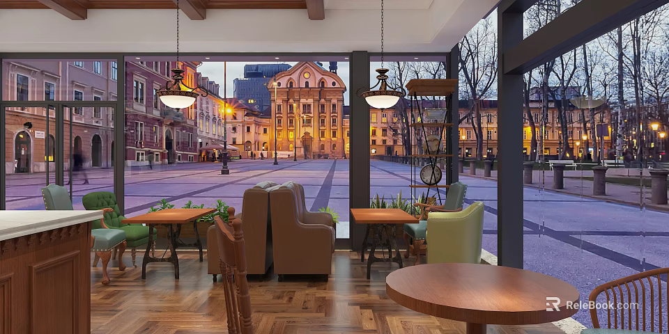Indoor Café Space With Hanging Lights Tables Chairs Overlooking Historic Commercial Street Square At Evening 3d model 