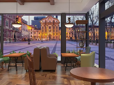 Indoor Café Space With Hanging Lights Tables Chairs Overlooking Historic Commercial Street Square At Evening 3d model