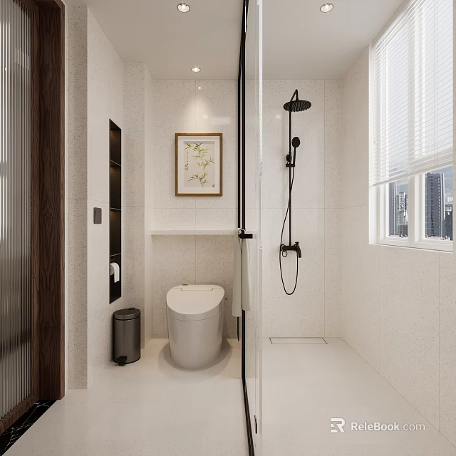 Modern White Bathroom Interior With Toilet Shower Window Blinds And Decorative Painting 3d model 