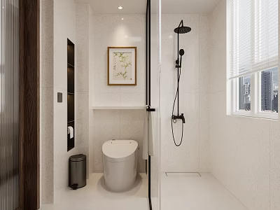 Modern White Bathroom Interior With Toilet Shower Window Blinds And Decorative Painting 3d model