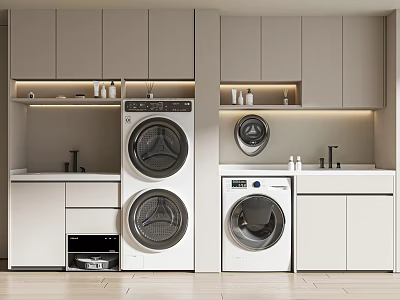 Modern Laundry Room With Multiple Washing Machines And Storage Cabinets 3d model