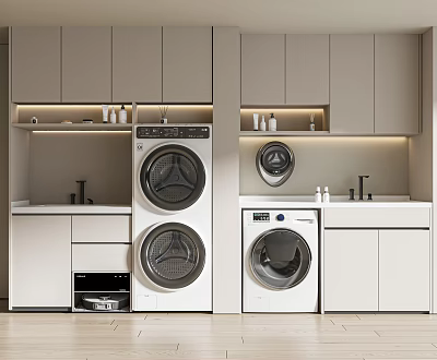 Modern Laundry Room With Multiple Washing Machines And Storage Cabinets 3d model