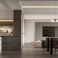 Modern Living and Dining Room with Black Leather Sofa Glass Coffee Table and Gray Carpet