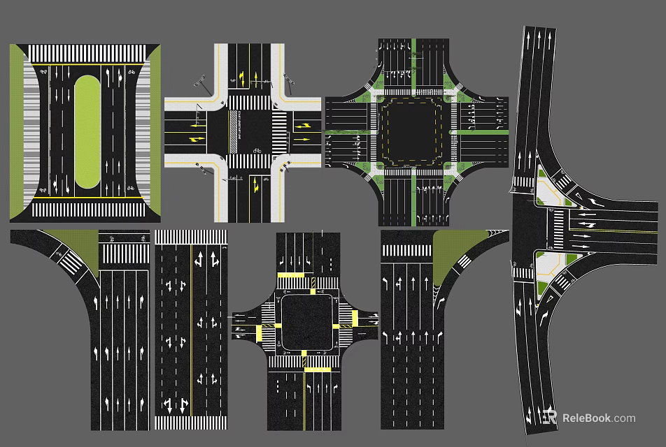 Different Types of Road Intersection Layout Designs with Traffic Lanes and Markings 3d model 
