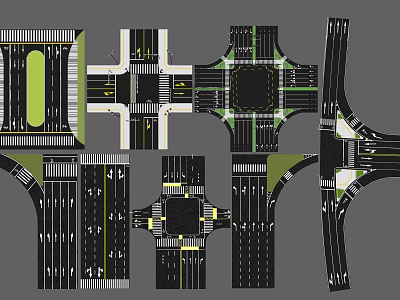 Different Types of Road Intersection Layout Designs with Traffic Lanes and Markings 3d model