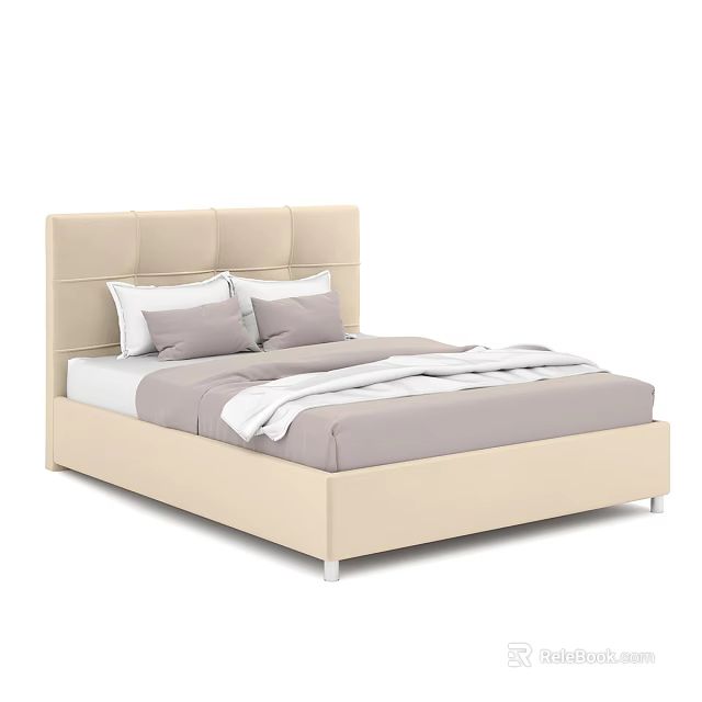 Comfortable Modern Double Bed With Beige Upholstered Headboard Gray Bedding And White Sheets 3d model