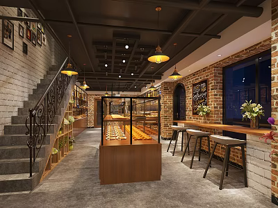 Cozy Dessert Shop Interior With Wooden Display Case Brick Walls And Pendant Lights 3d model