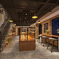 Cozy Dessert Shop Interior With Wooden Display Case Brick Walls And Pendant Lights