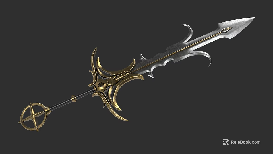 Ornate Fantasy Spear Weapon With Gold Silver Intricate Detailed Decorative Design 3d model 