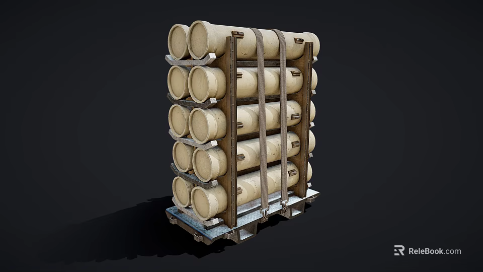 Military Weapons Cylindrical Artillery Shells Stacked on Wooden Rack for Storage 3d model 