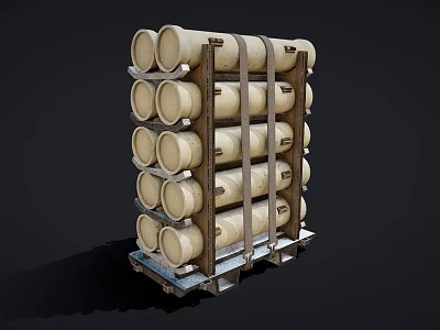 Military Weapons Cylindrical Artillery Shells Stacked on Wooden Rack for Storage 3d model