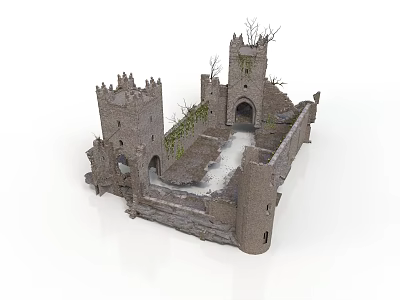 Ancient Medieval Castle Ruins Featuring Stone Towers Archways And Overgrown Vegetation 3d model
