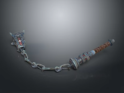 Detailed Warhammer Weapon With Metal Chain And Red Gemstone Decorative Handle 3d model