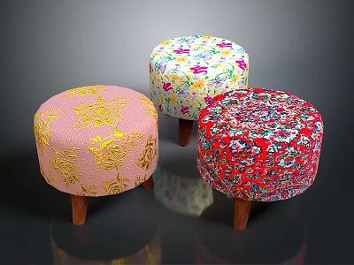 Decorative Ottoman Stools With Three Different Floral Patterns And Wooden Legs 3d model