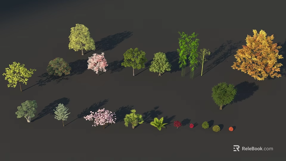 Diverse Collection of Trees with Green Pink Yellow Foliage and Various Shapes 3d model 