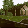 Wooden House In Dark Night With Black Roof Trees Lawn Lights And Parked Car