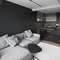 Modern Living and Dining Area Interior With Grey Sofa Black Wall And Marble Countertop