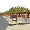 Scenic Garden Landscape With River Wooden Corridors Mushroom Sculptures Pumpkin Decorations And Trees
