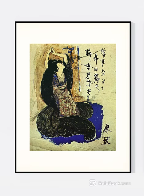 Figure Painting Featuring Female With Black Long Hair Patterned Clothing Blue Yellow Background Calligraphic Characters 3d model 