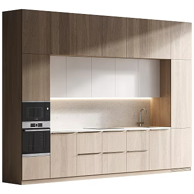 Modern Open Kitchen Interior Design With Light Wooden White Cabinets Countertop And Appliances 3d model