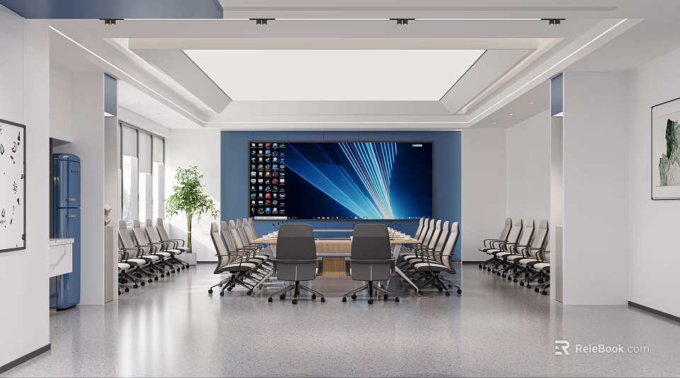 Modern Conference Room With Large Screen Long Table Chairs Green Plant And Blue Accent Wall 3d model 