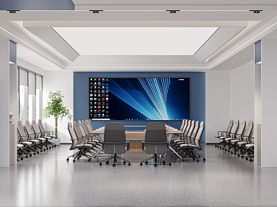 Modern Conference Room With Large Screen Long Table Chairs Green Plant And Blue Accent Wall 3d model