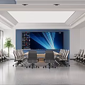 Modern Conference Room With Large Screen Long Table Chairs Green Plant And Blue Accent Wall
