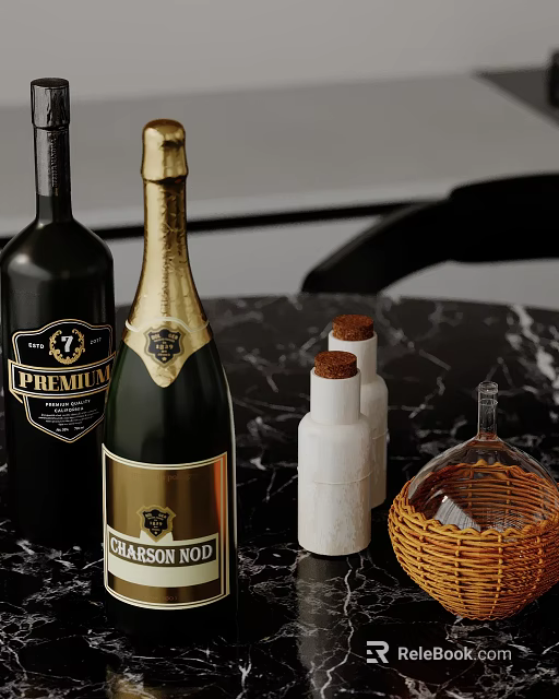 Elegant Decorative Ornaments Set With Wine Bottles Champagne Ceramic Jars Glass Decanter And Wicker Basket 3d model 