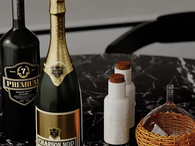 Elegant Decorative Ornaments Set With Wine Bottles Champagne Ceramic Jars Glass Decanter And Wicker Basket 3d model