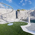 Silver Slide Amusement Equipment With Grey Rock Wall Green Grass And White Platform