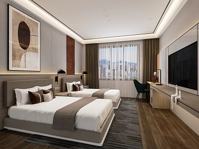 Modern Hotel Room with Twin Beds City View TV Nightstands and Decorative Painting 3d model