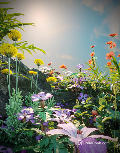 Vibrant Plant Combination With Yellow Orange Purple Flowers Rocks And Green Leaves In Natural Setting 3d model 