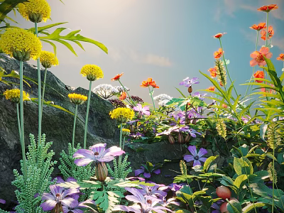 Vibrant Plant Combination With Yellow Orange Purple Flowers Rocks And Green Leaves In Natural Setting 3d model